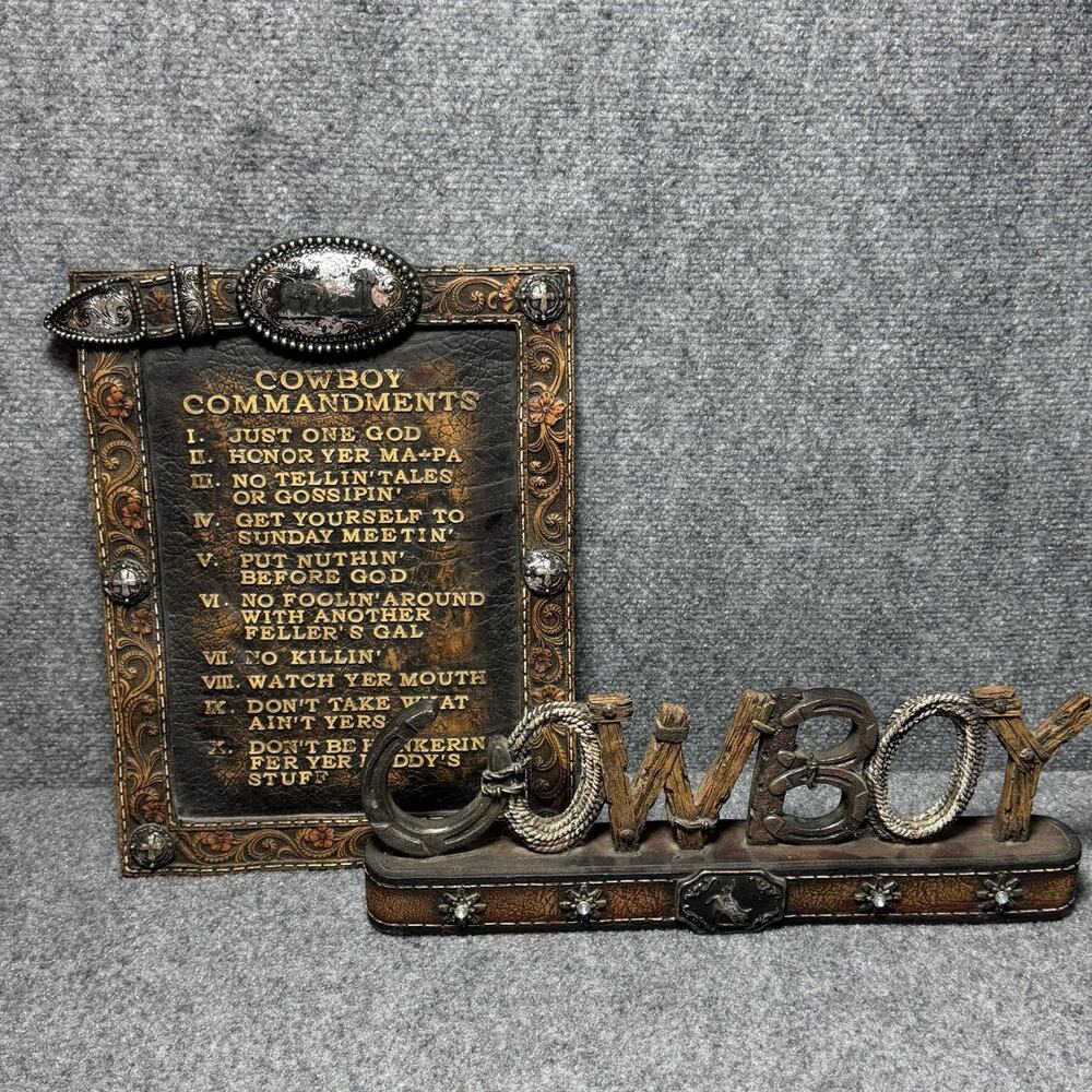 M&F Western Cowboy Commandments Heavy Wooden Wall Art Lot Belt Buckle - Rare